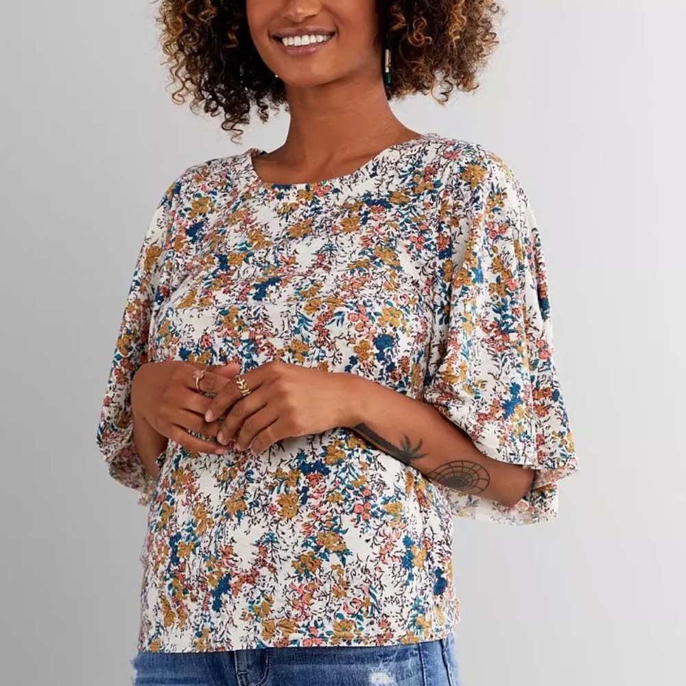 Daytrip Floral Flutter-Bell Sleeve Top - White Floral Multicolor